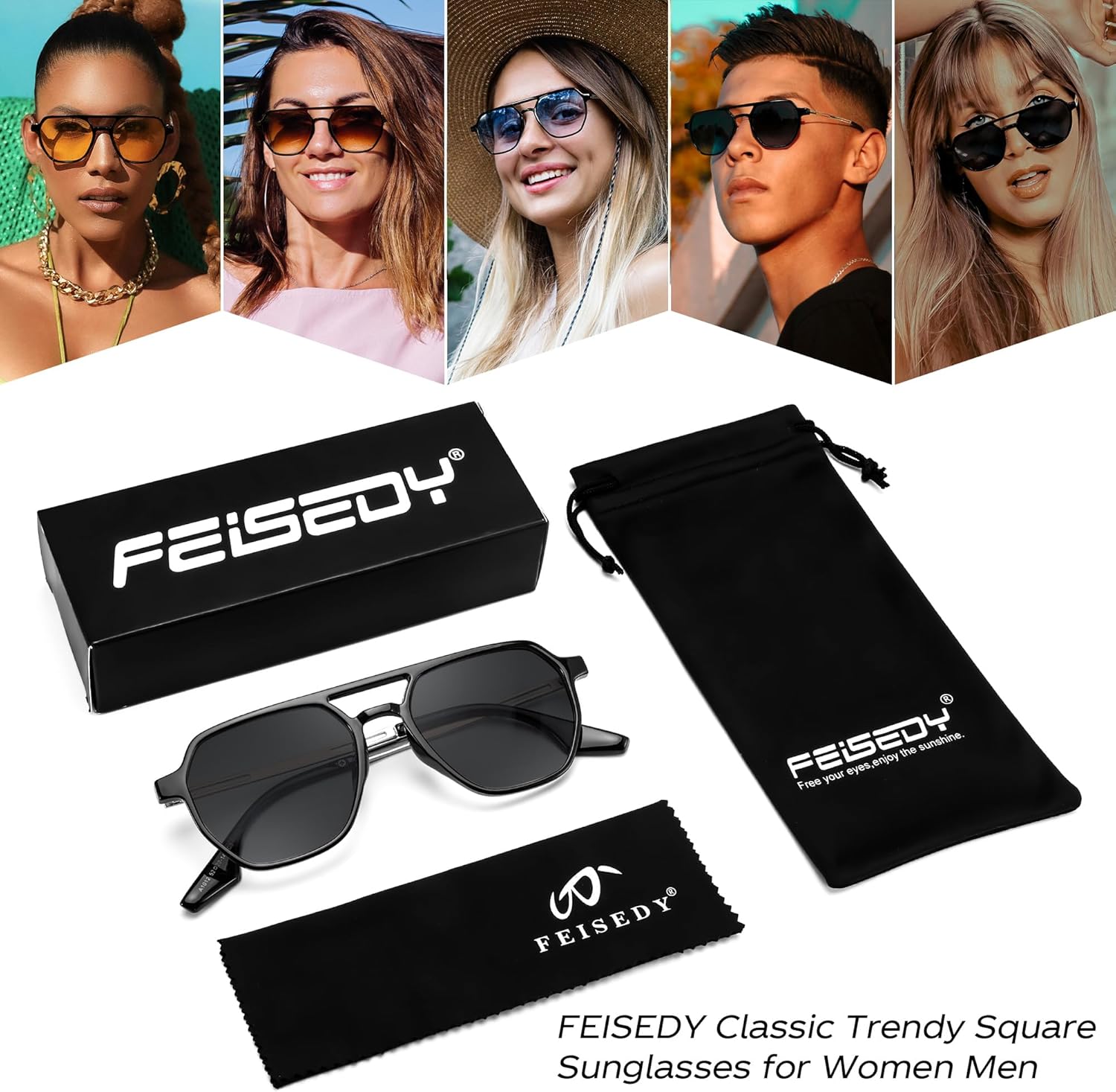 FEISEDY Retro 70s Aviator Sunglasses for Women Men Vintage Square Trendy Oversized Shades UV400 B0145Black