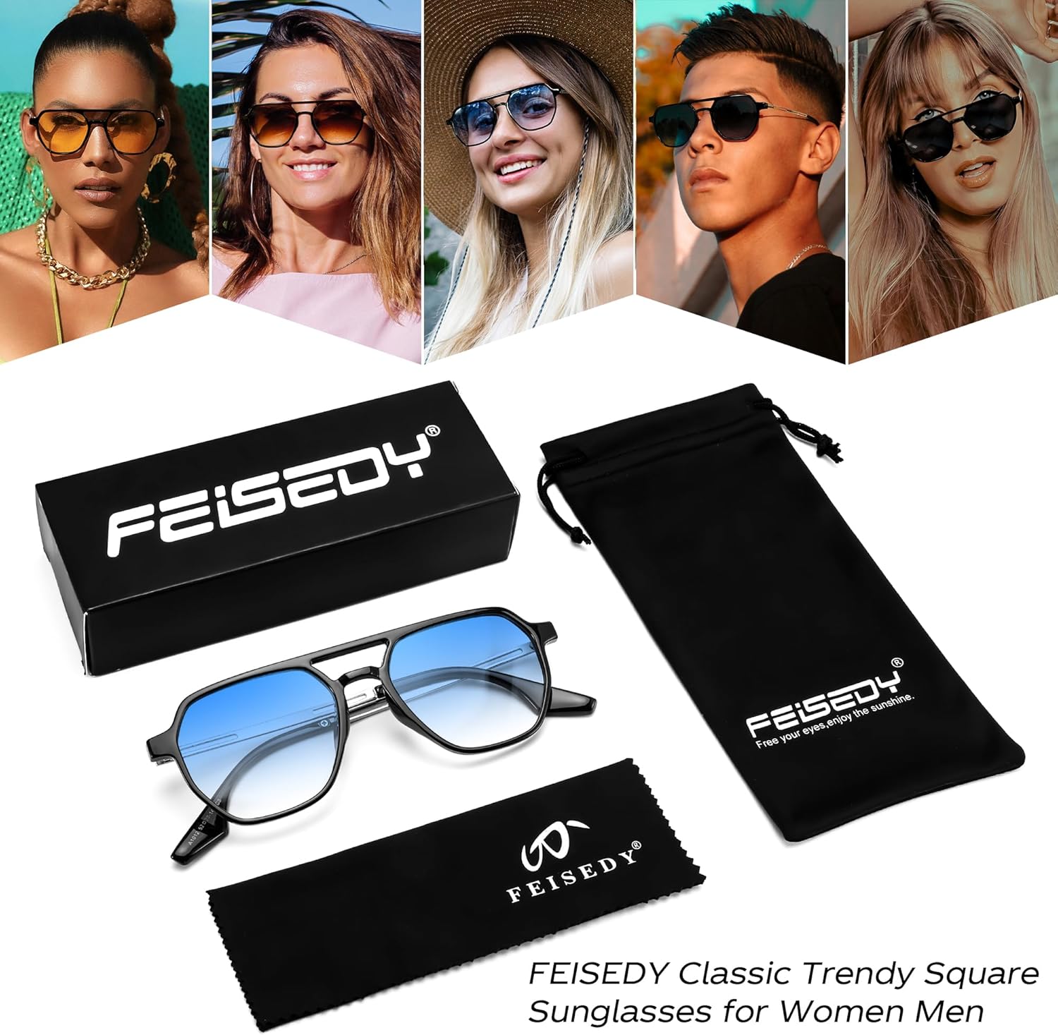 FEISEDY Retro 70s Aviator Sunglasses for Women Men Vintage Square Trendy Oversized Shades UV400 B0145Gradual Blue