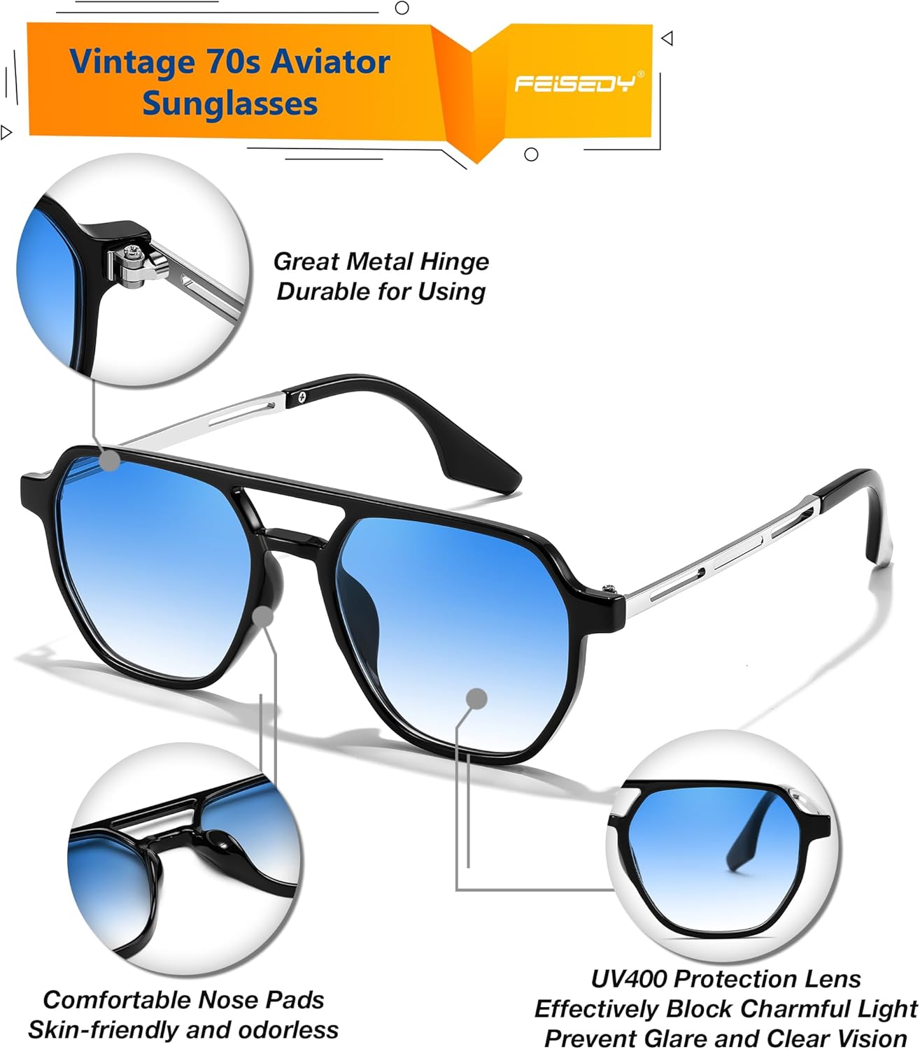 FEISEDY Retro 70s Aviator Sunglasses for Women Men Vintage Square Trendy Oversized Shades UV400 B0145Gradual Blue