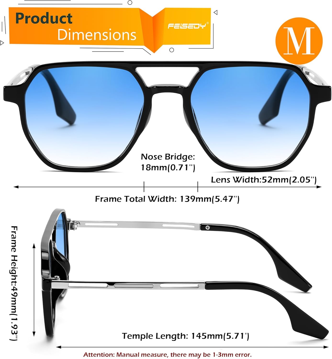 FEISEDY Retro 70s Aviator Sunglasses for Women Men Vintage Square Trendy Oversized Shades UV400 B0145Gradual Blue