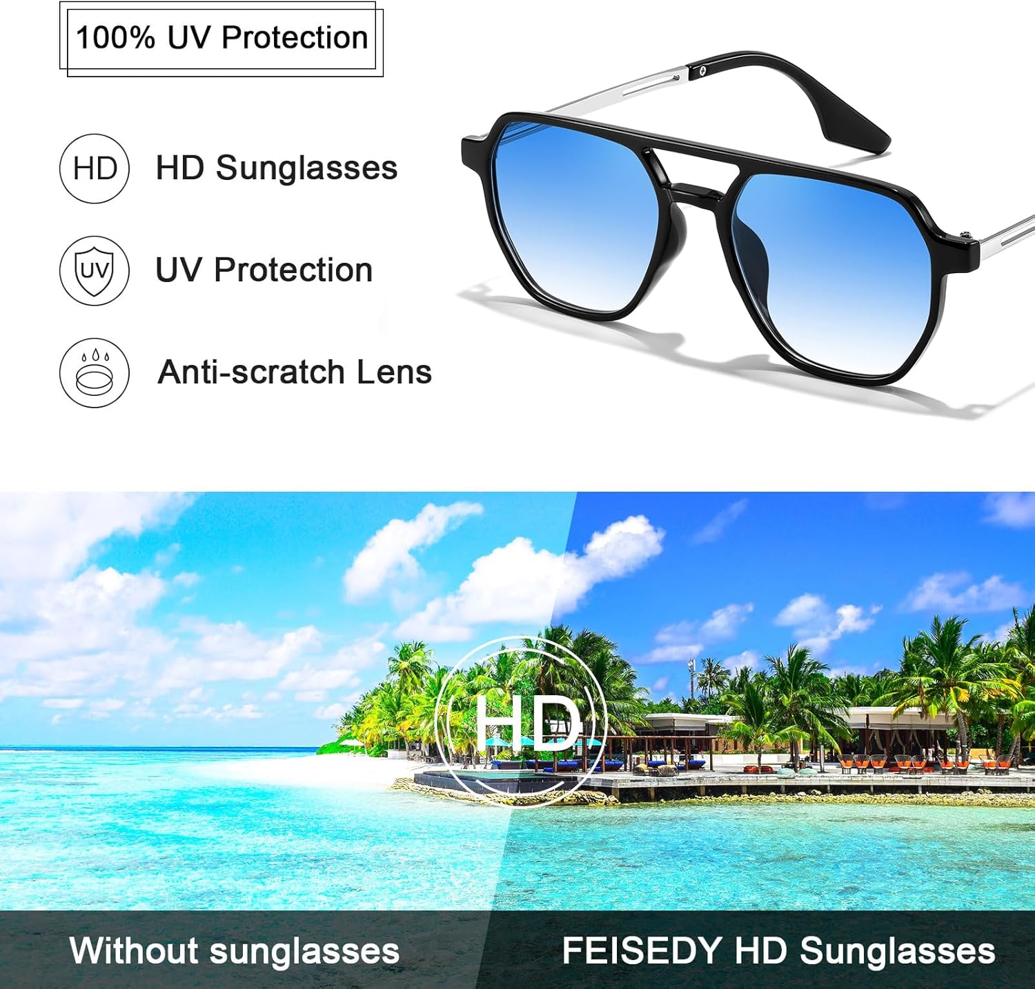 FEISEDY Retro 70s Aviator Sunglasses for Women Men Vintage Square Trendy Oversized Shades UV400 B0145Gradual Blue
