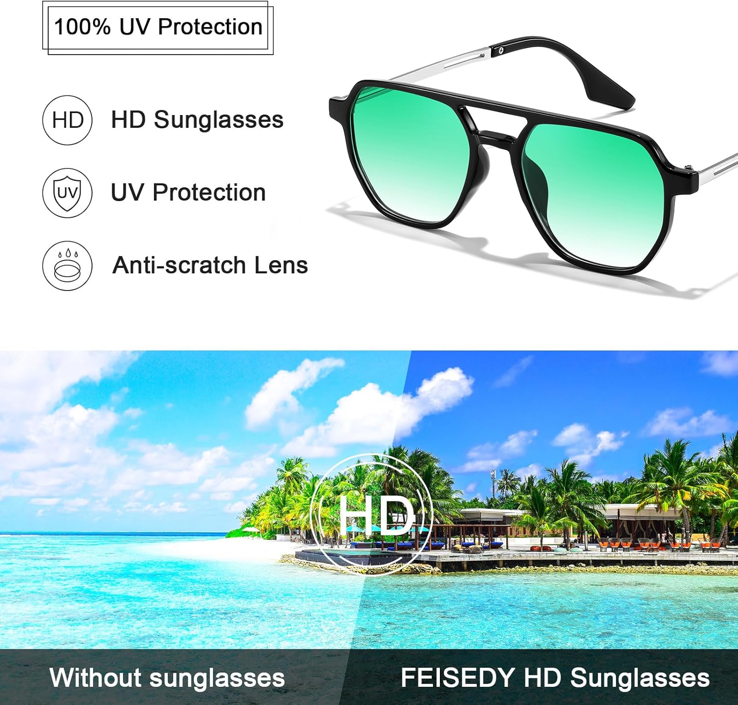 FEISEDY Retro 70s Aviator Sunglasses for Women Men Vintage Square Trendy Oversized Shades UV400 B0145Gradual Green