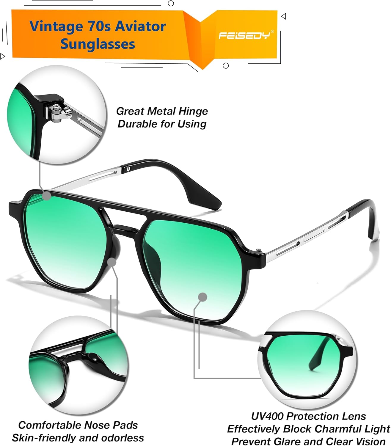 FEISEDY Retro 70s Aviator Sunglasses for Women Men Vintage Square Trendy Oversized Shades UV400 B0145Gradual Green