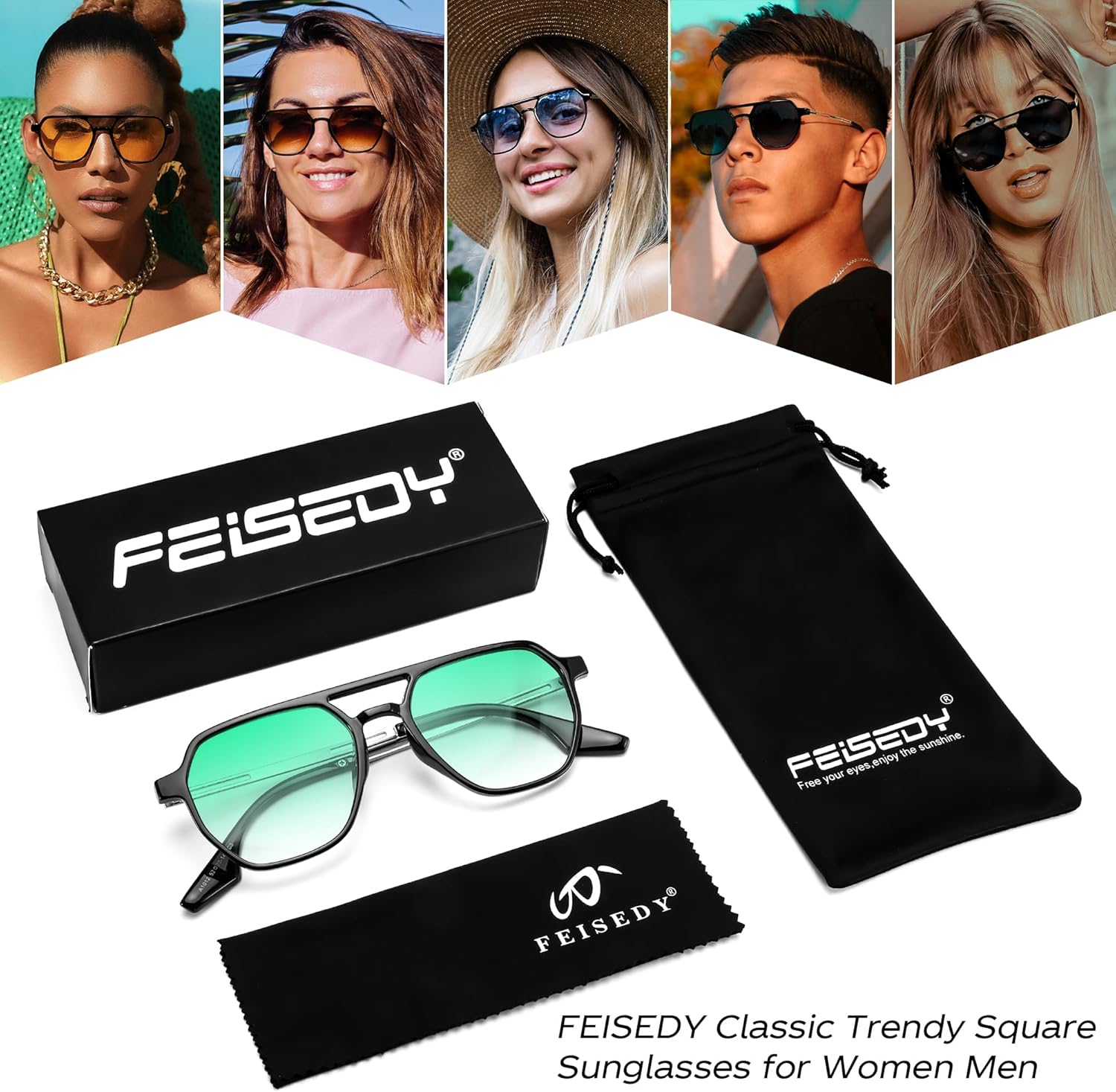 FEISEDY Retro 70s Aviator Sunglasses for Women Men Vintage Square Trendy Oversized Shades UV400 B0145Gradual Green