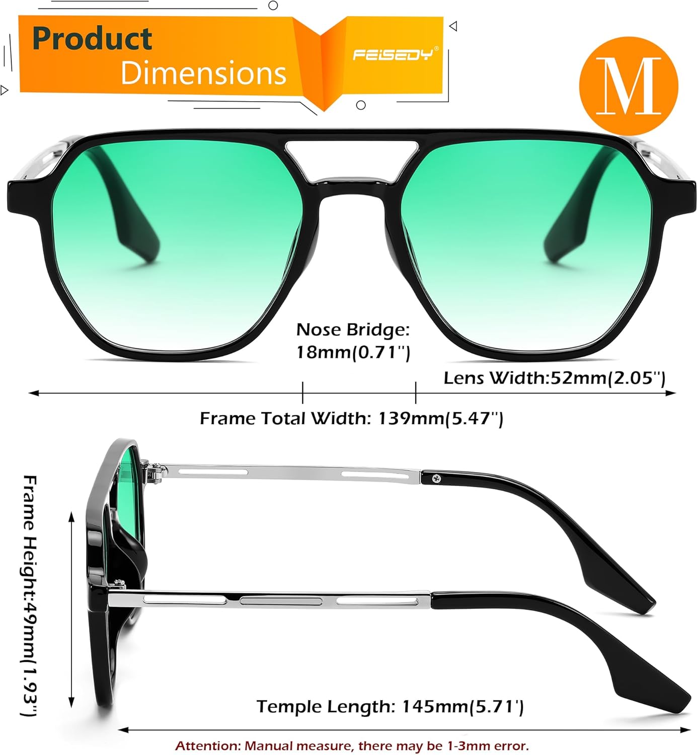 FEISEDY Retro 70s Aviator Sunglasses for Women Men Vintage Square Trendy Oversized Shades UV400 B0145Gradual Green