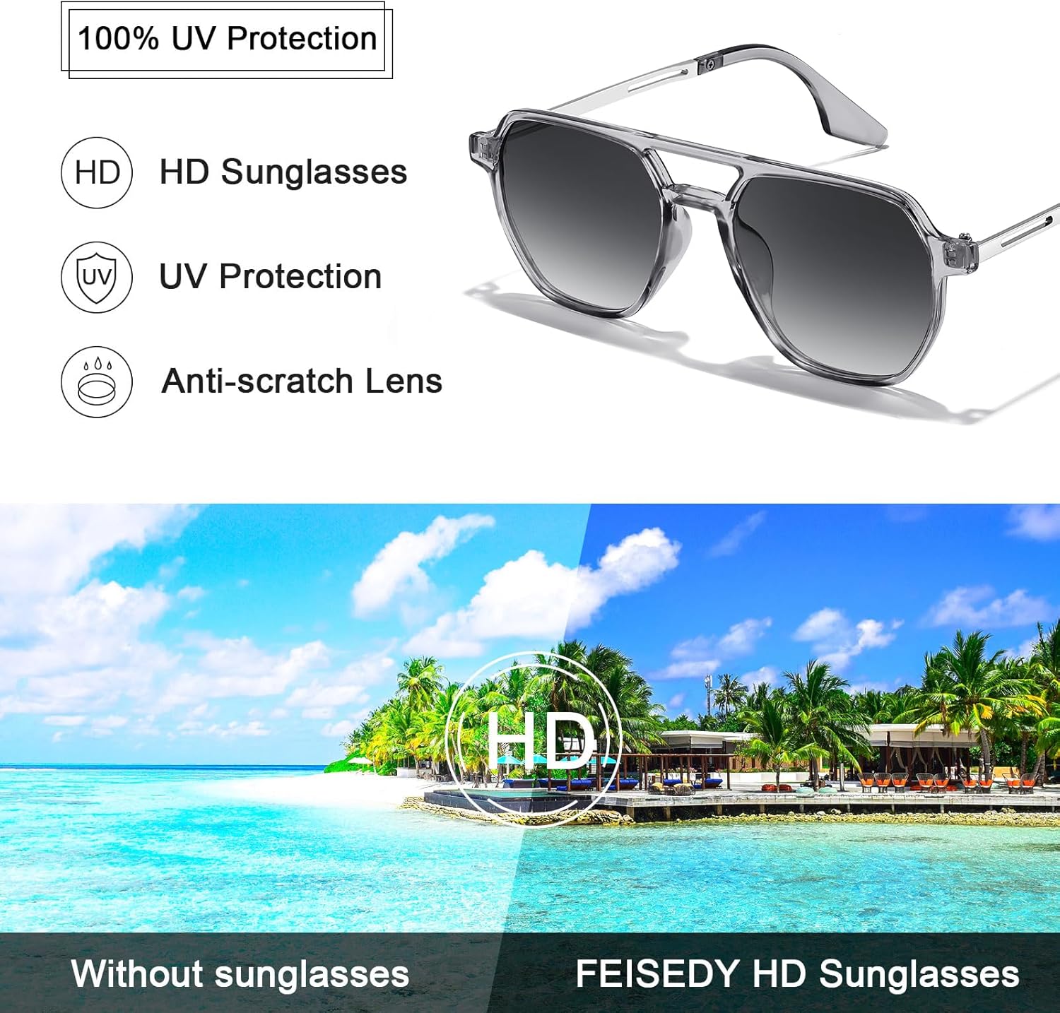 FEISEDY Retro 70s Aviator Sunglasses for Women Men Vintage Square Trendy Oversized Shades UV400 B0145Gradual Grey