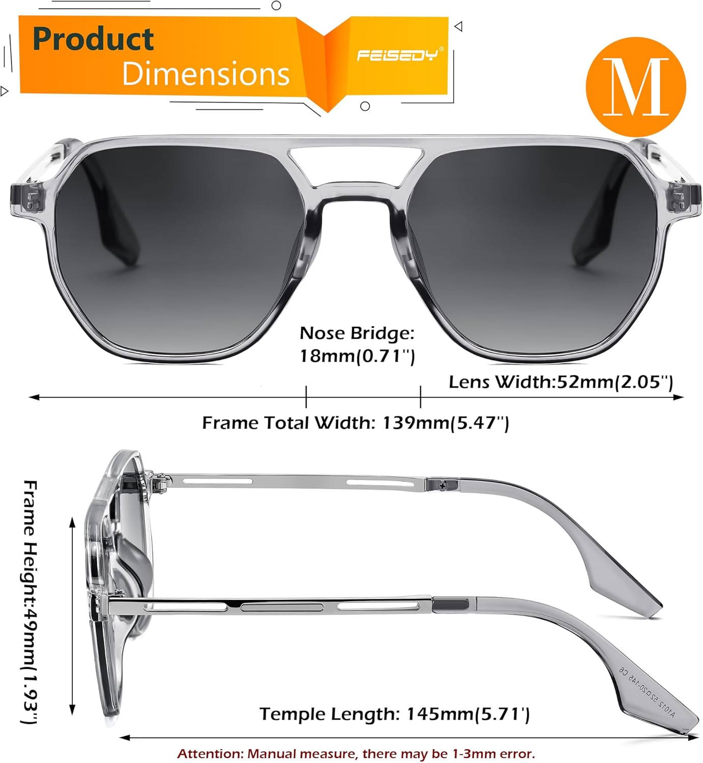 FEISEDY Retro 70s Aviator Sunglasses for Women Men Vintage Square Trendy Oversized Shades UV400 B0145Gradual Grey