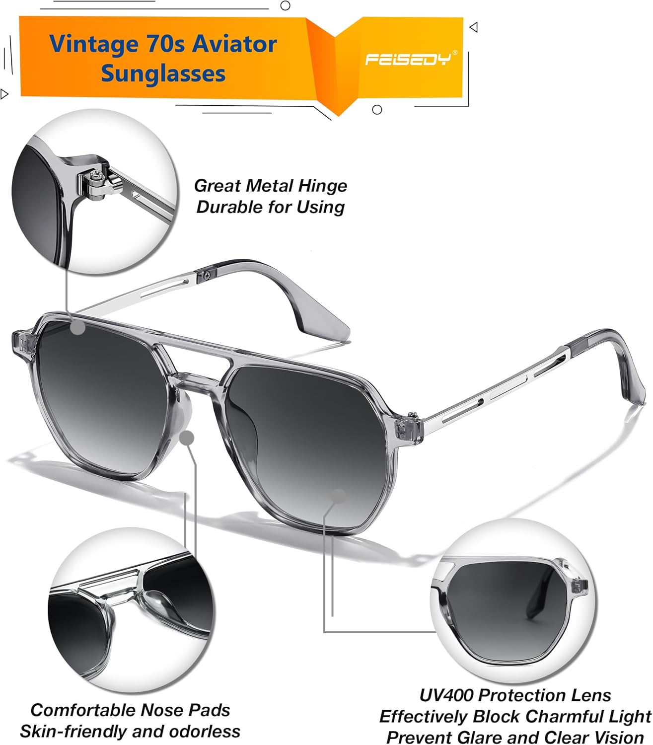 FEISEDY Retro 70s Aviator Sunglasses for Women Men Vintage Square Trendy Oversized Shades UV400 B0145Gradual Grey