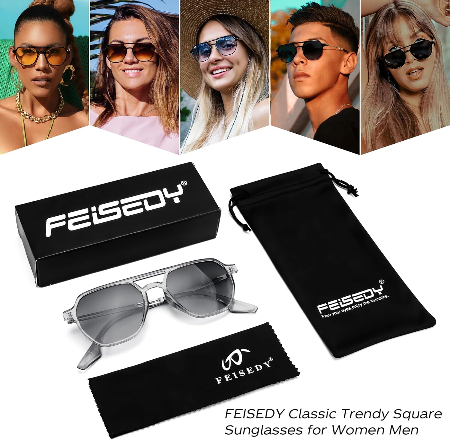 FEISEDY Retro 70s Aviator Sunglasses for Women Men Vintage Square Trendy Oversized Shades UV400 B0145Gradual Grey