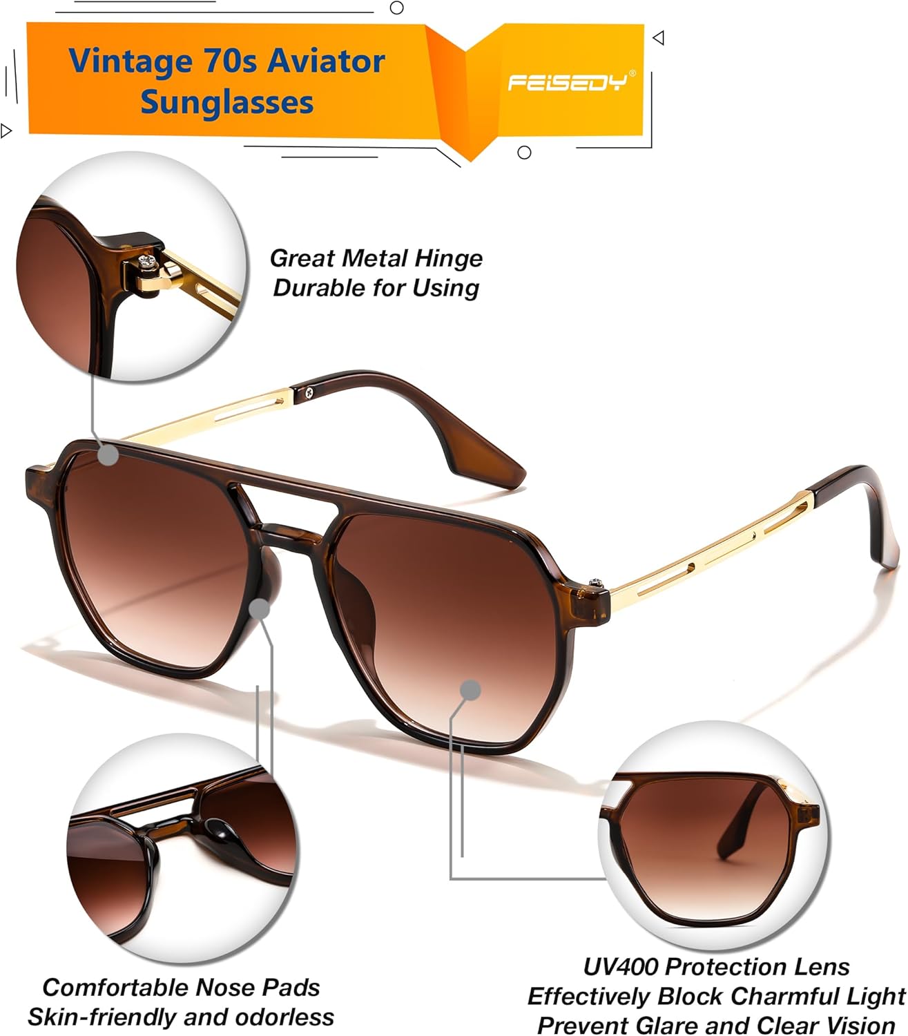 FEISEDY Retro 70s Aviator Sunglasses for Women Men Vintage Square Trendy Oversized Shades UV400 B0145Gradual Tea