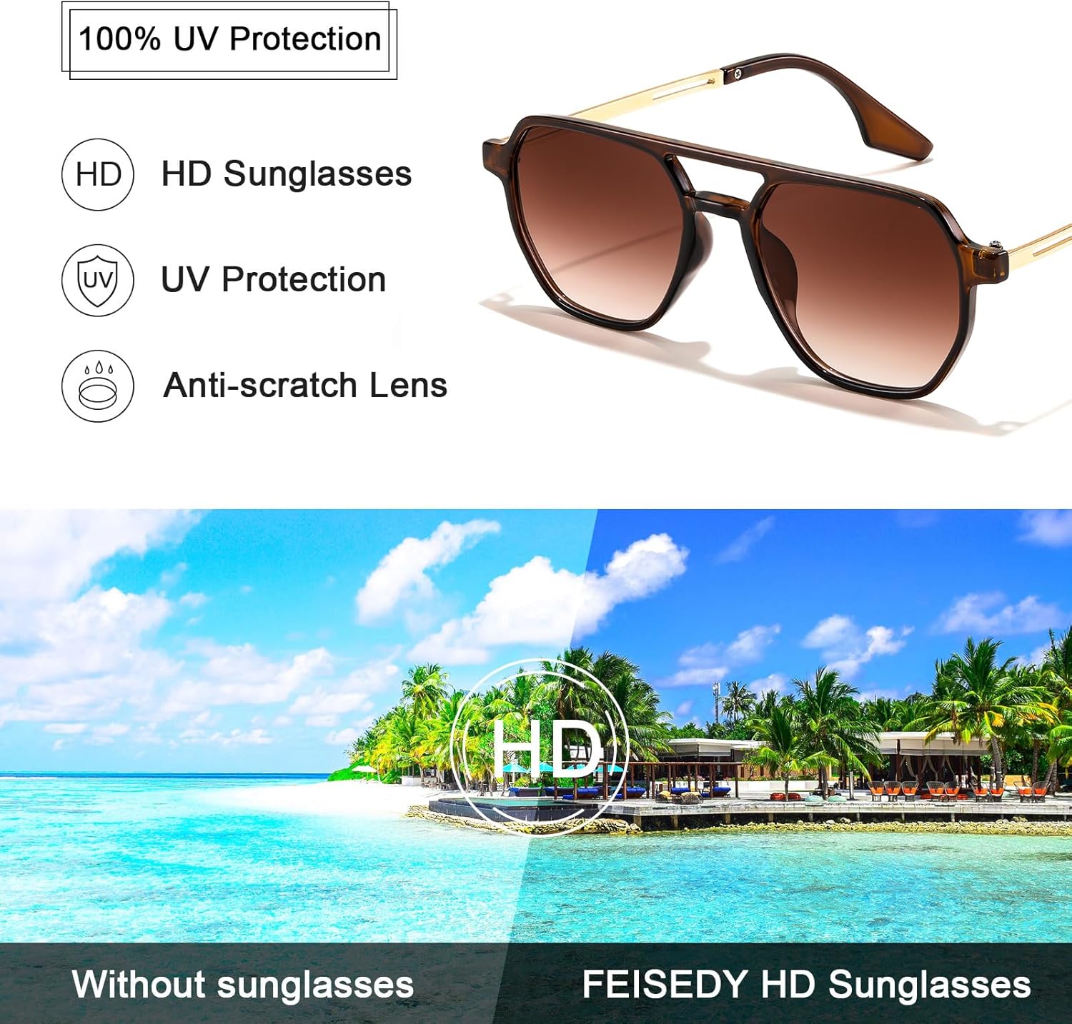 FEISEDY Retro 70s Aviator Sunglasses for Women Men Vintage Square Trendy Oversized Shades UV400 B0145Gradual Tea