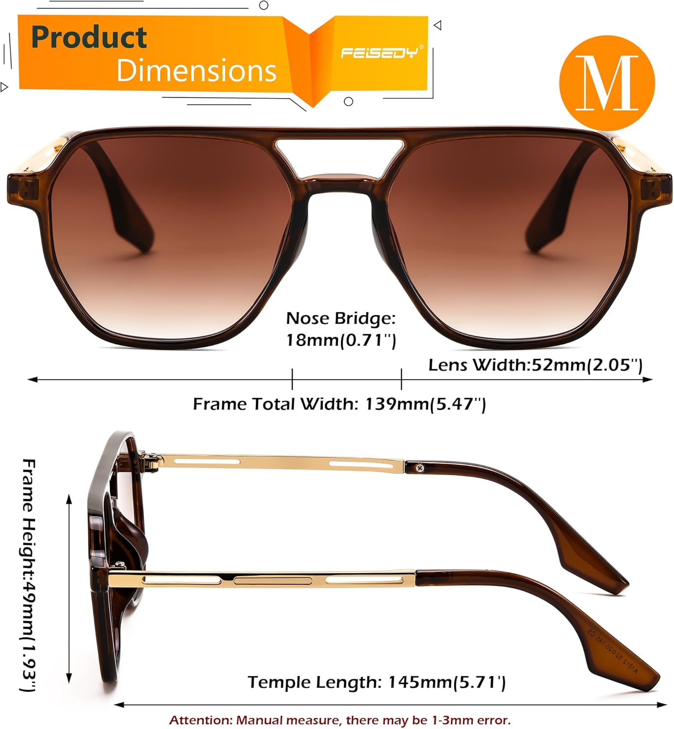 FEISEDY Retro 70s Aviator Sunglasses for Women Men Vintage Square Trendy Oversized Shades UV400 B0145Gradual Tea