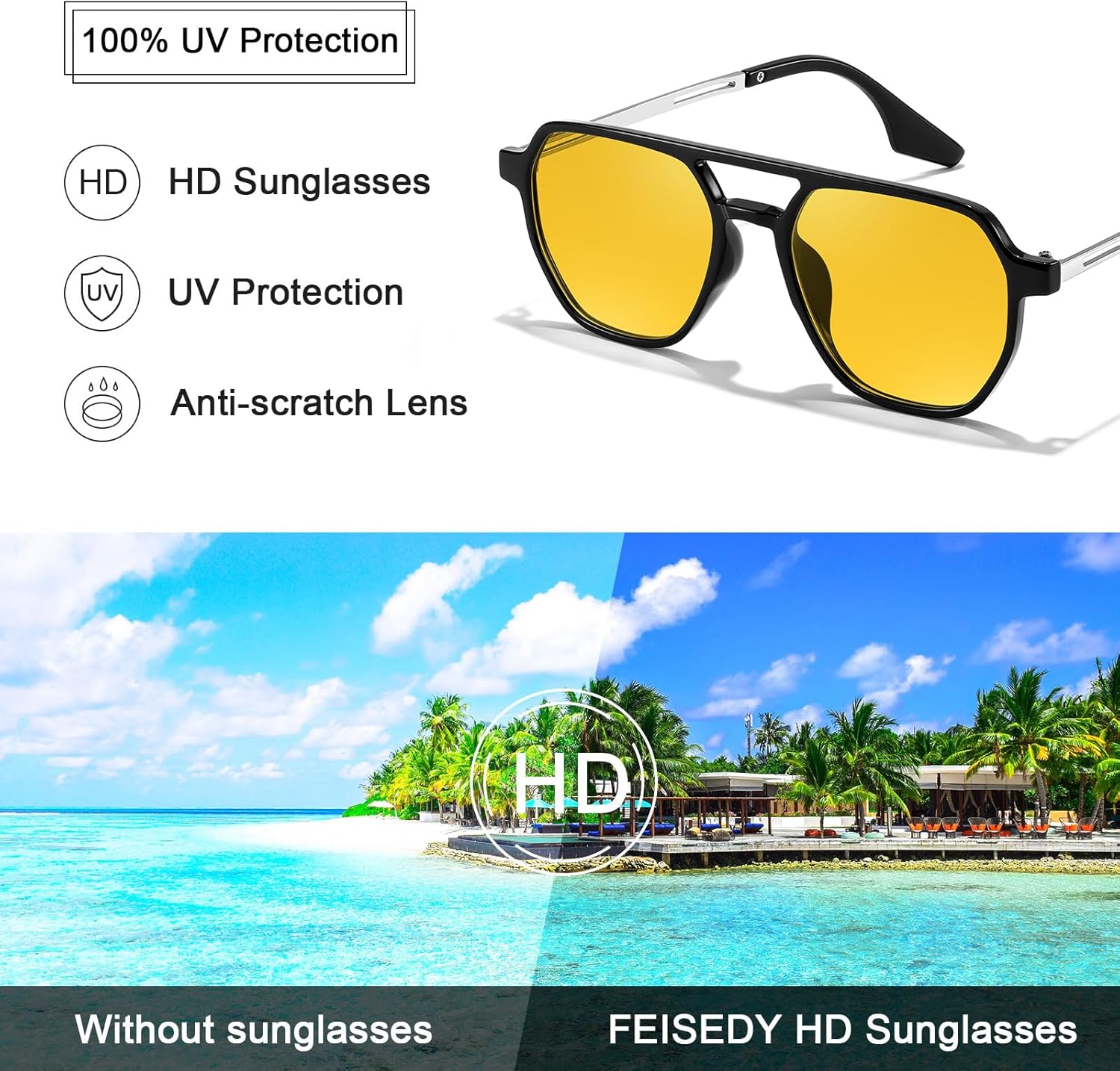 FEISEDY Retro 70s Aviator Sunglasses for Women Men Vintage Square Trendy Oversized Shades UV400 B0145Yellow