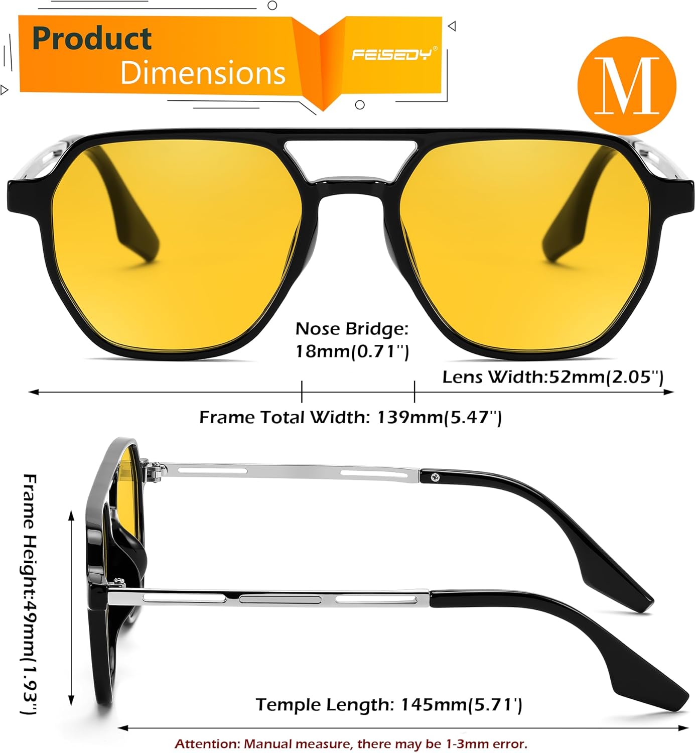 FEISEDY Retro 70s Aviator Sunglasses for Women Men Vintage Square Trendy Oversized Shades UV400 B0145Yellow