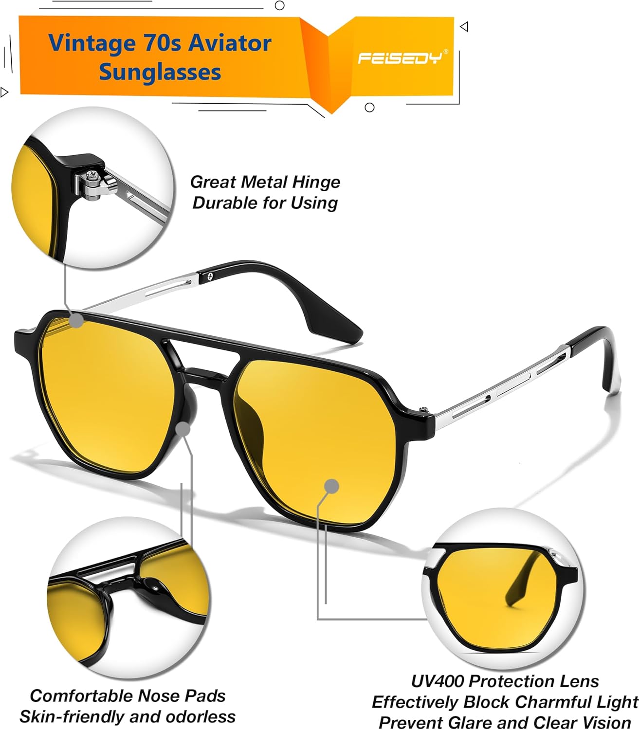 FEISEDY Retro 70s Aviator Sunglasses for Women Men Vintage Square Trendy Oversized Shades UV400 B0145Yellow