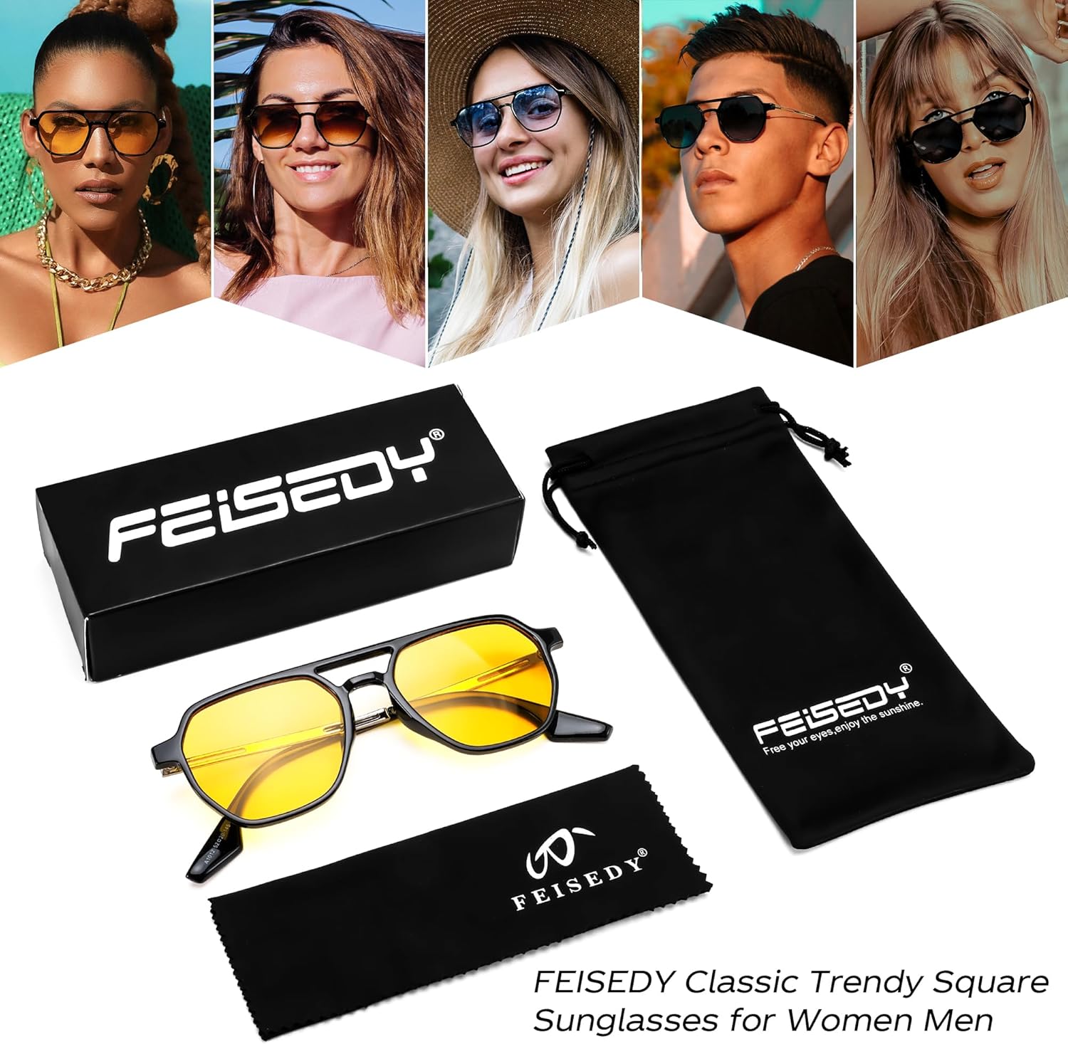 FEISEDY Retro 70s Aviator Sunglasses for Women Men Vintage Square Trendy Oversized Shades UV400 B0145Yellow
