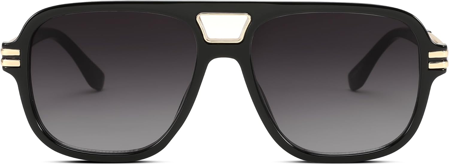FEISEDY Retro Aviator Sunglasses for Women Men Vintage Trendy Oversized Square Shades UV400 B0106Black Frame  Gradual Grey Lens