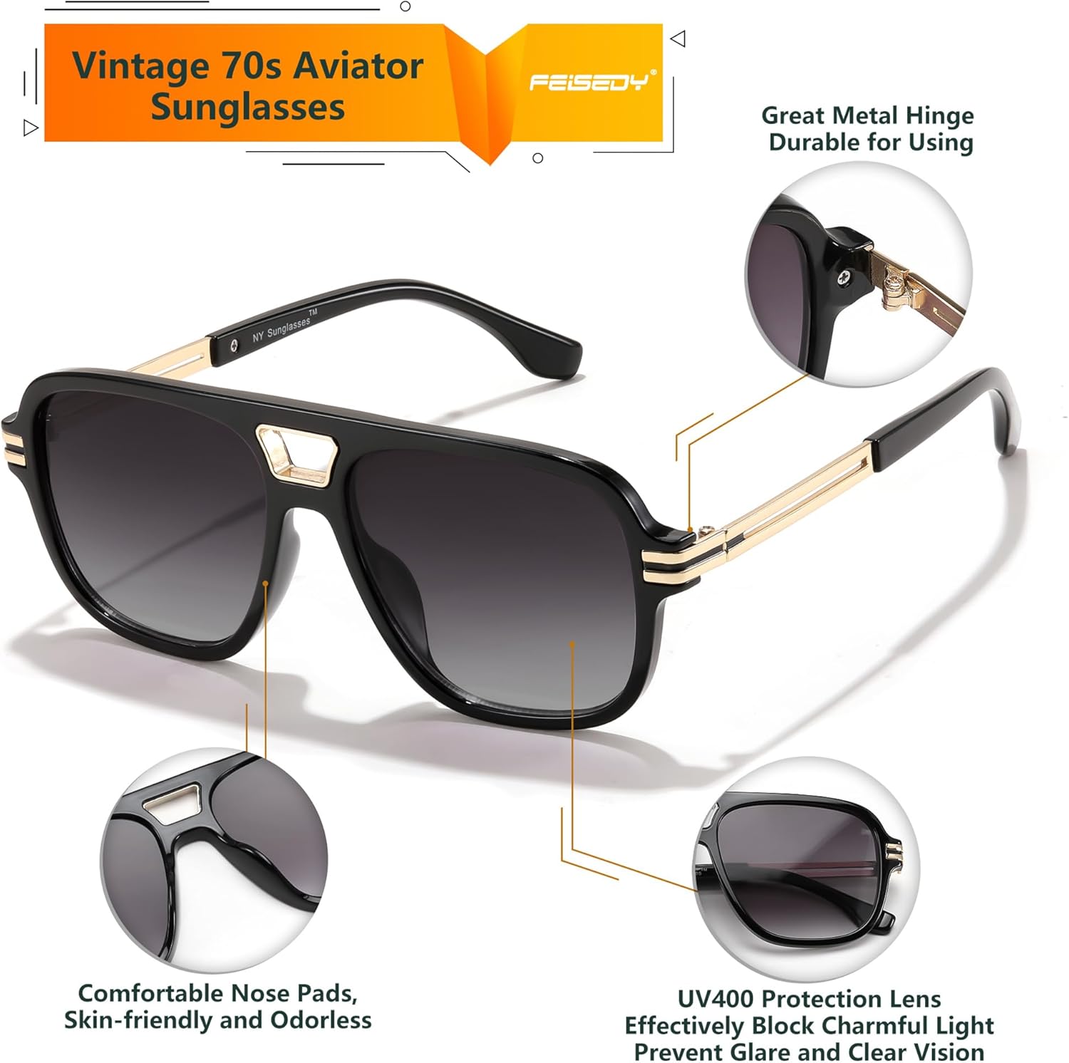 FEISEDY Retro Aviator Sunglasses for Women Men Vintage Trendy Oversized Square Shades UV400 B0106Black Frame  Gradual Grey Lens
