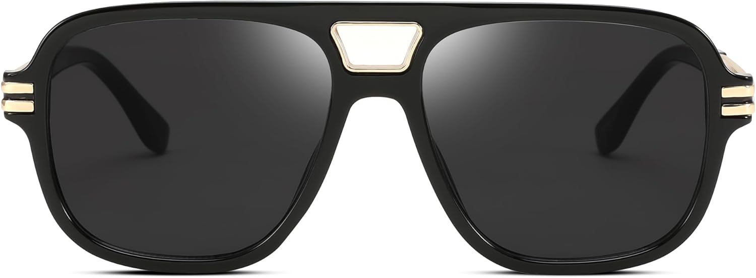 FEISEDY Retro Aviator Sunglasses for Women Men Vintage Trendy Oversized Square Shades UV400 B0106Black Frame  Grey Lens