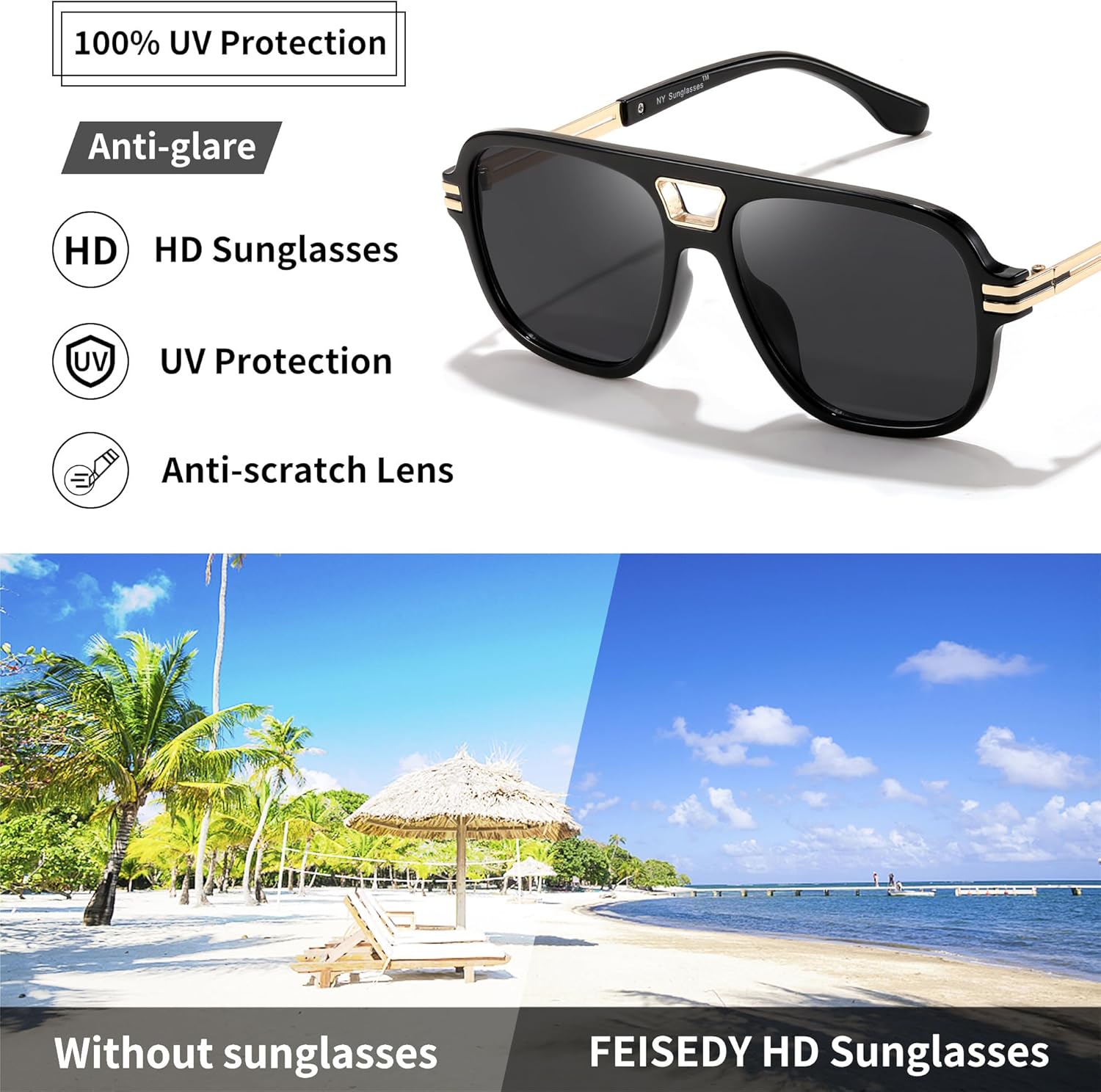 FEISEDY Retro Aviator Sunglasses for Women Men Vintage Trendy Oversized Square Shades UV400 B0106Black Frame  Grey Lens