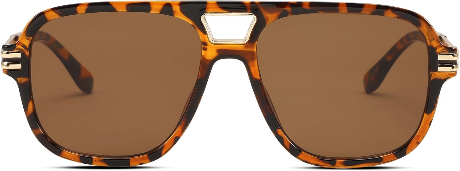 FEISEDY Retro Aviator Sunglasses for Women Men Vintage Trendy Oversized Square Shades UV400 B0106Leopard Frame  Tea Lens