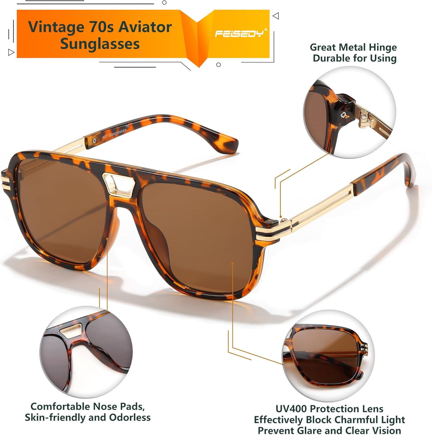 FEISEDY Retro Aviator Sunglasses for Women Men Vintage Trendy Oversized Square Shades UV400 B0106Leopard Frame  Tea Lens