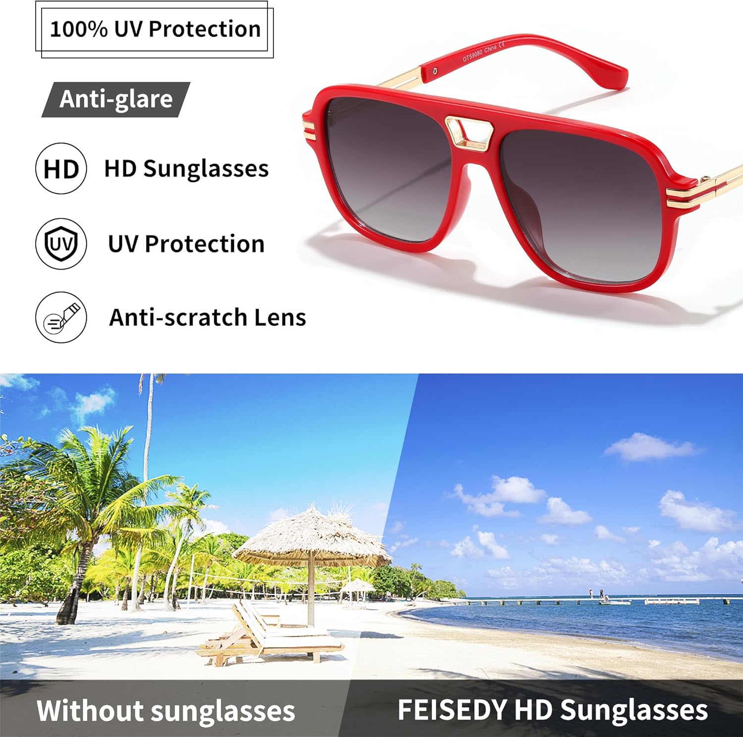 FEISEDY Retro Aviator Sunglasses for Women Men Vintage Trendy Oversized Square Shades UV400 B0106Red Frame  Gradual Grey Lens