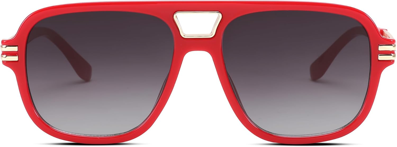 FEISEDY Retro Aviator Sunglasses for Women Men Vintage Trendy Oversized Square Shades UV400 B0106Red Frame  Gradual Grey Lens