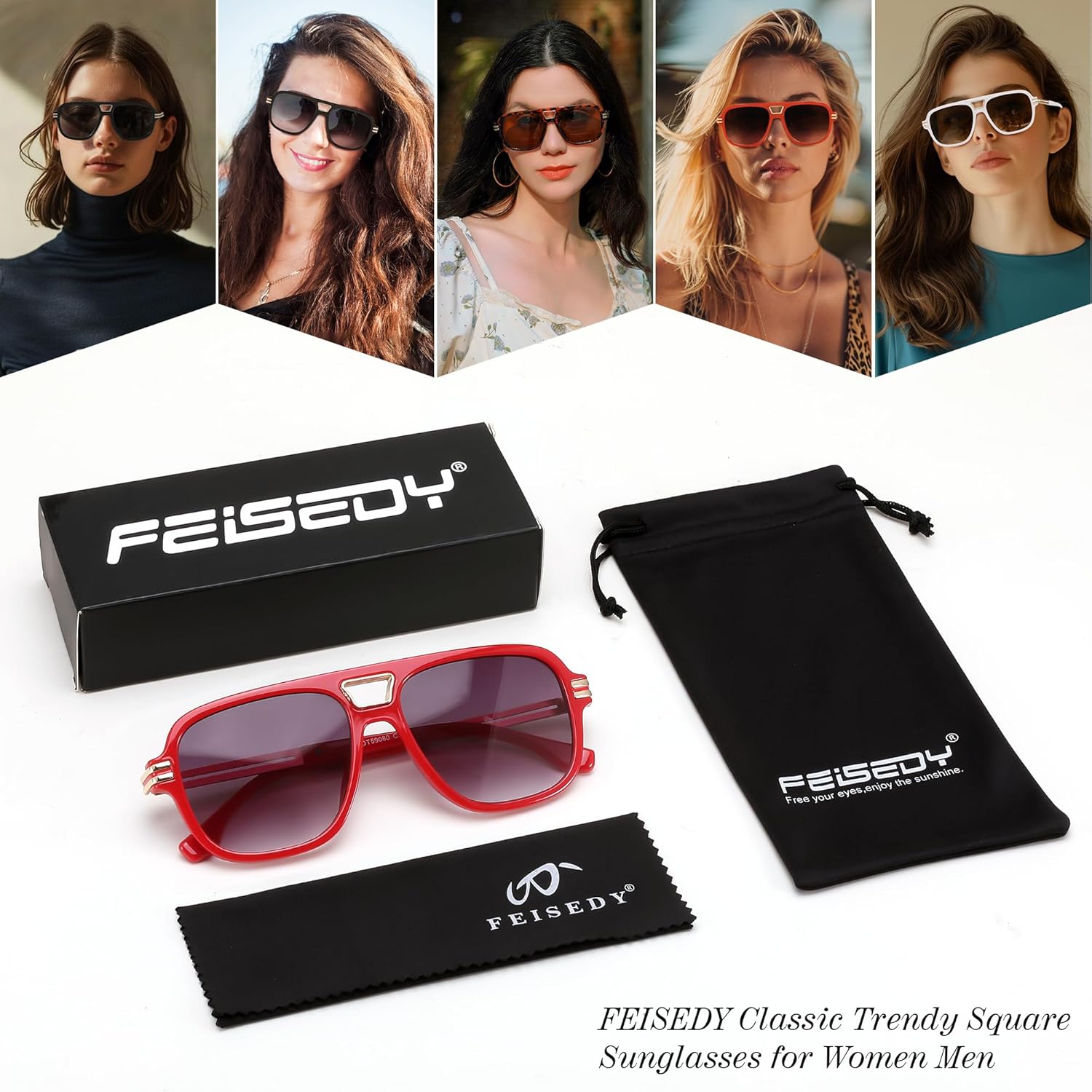 FEISEDY Retro Aviator Sunglasses for Women Men Vintage Trendy Oversized Square Shades UV400 B0106Red Frame  Gradual Grey Lens