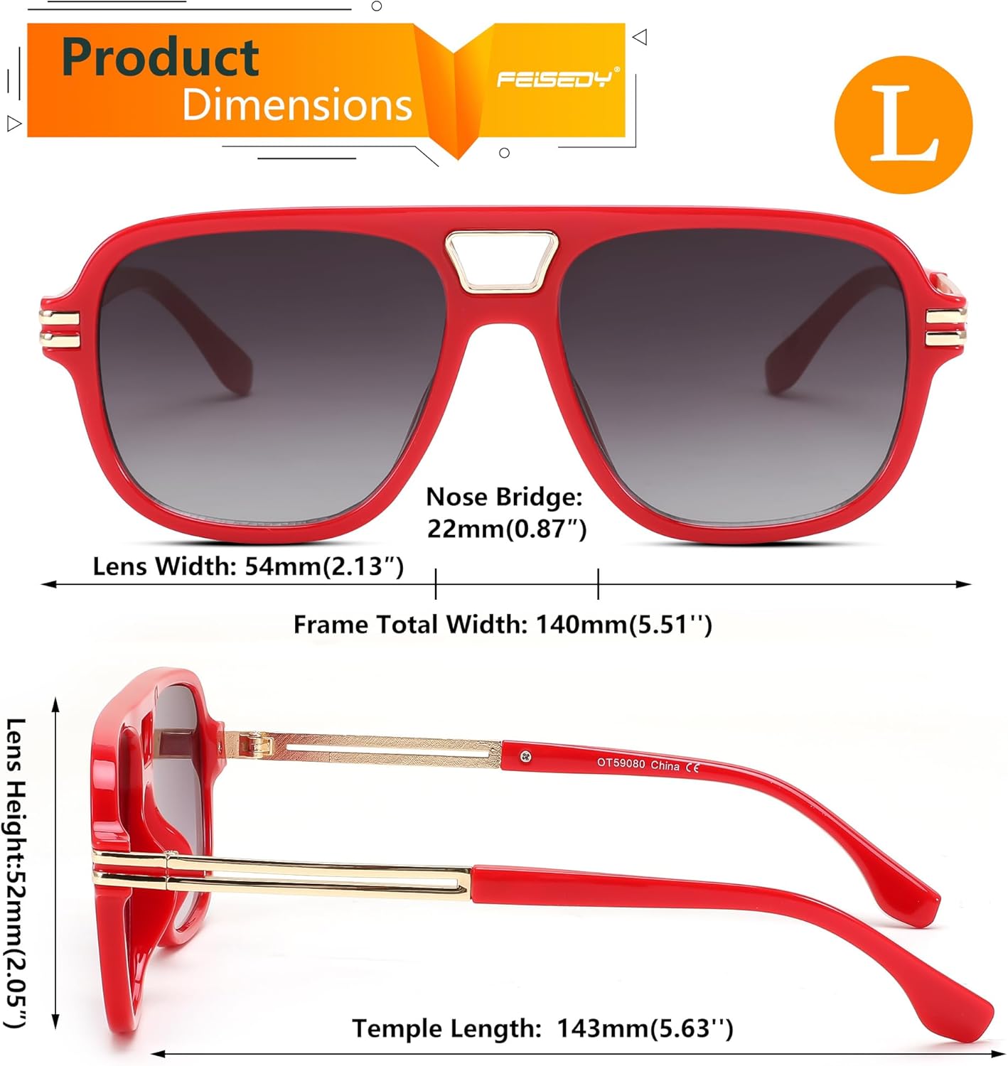 FEISEDY Retro Aviator Sunglasses for Women Men Vintage Trendy Oversized Square Shades UV400 B0106Red Frame  Gradual Grey Lens