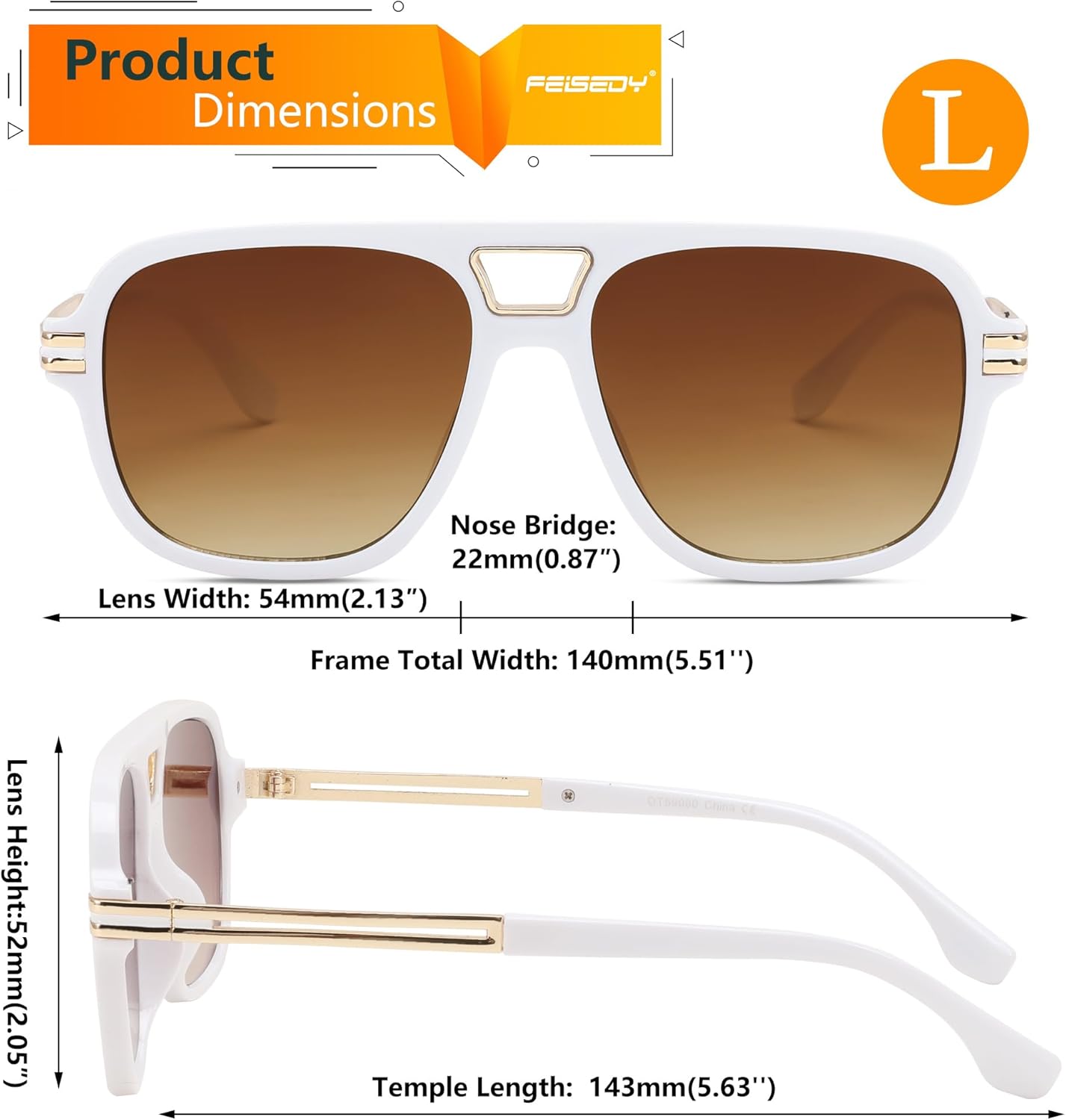 FEISEDY Retro Aviator Sunglasses for Women Men Vintage Trendy Oversized Square Shades UV400 B0106White Frame  Gradual Tea Lens