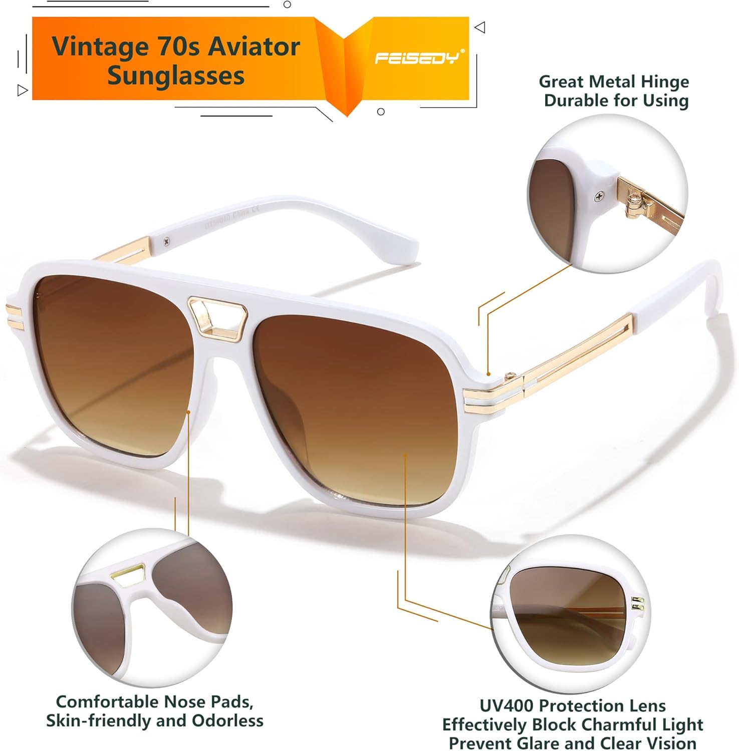 FEISEDY Retro Aviator Sunglasses for Women Men Vintage Trendy Oversized Square Shades UV400 B0106White Frame  Gradual Tea Lens