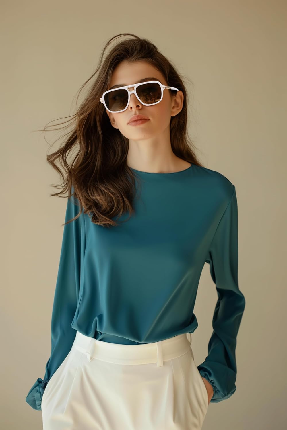 FEISEDY Retro Aviator Sunglasses for Women Men Vintage Trendy Oversized Square Shades UV400 B0106White Frame  Gradual Tea Lens