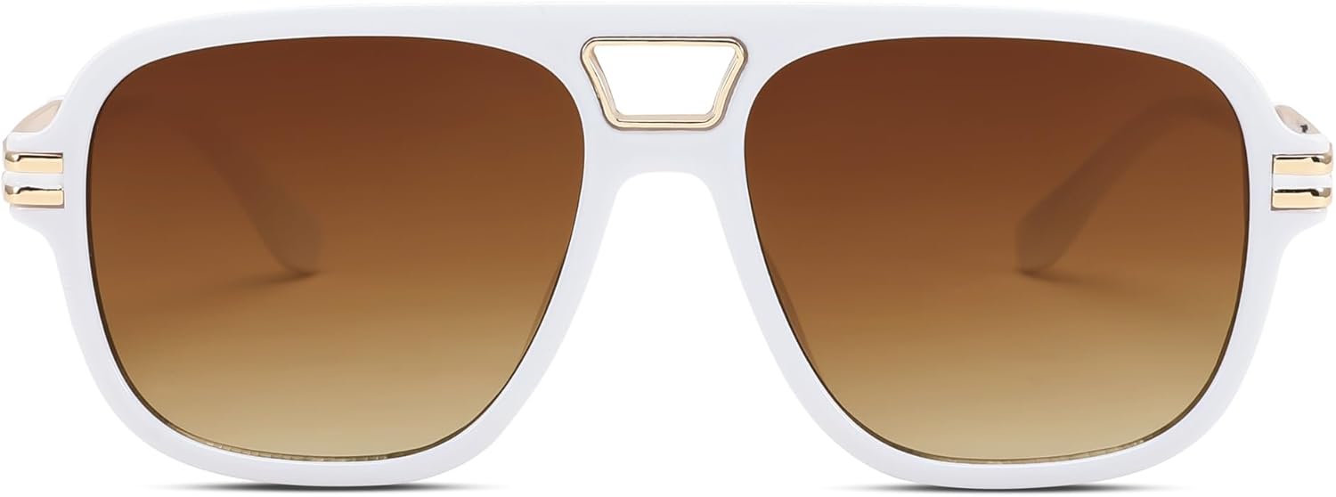 FEISEDY Retro Aviator Sunglasses for Women Men Vintage Trendy Oversized Square Shades UV400 B0106White Frame  Gradual Tea Lens