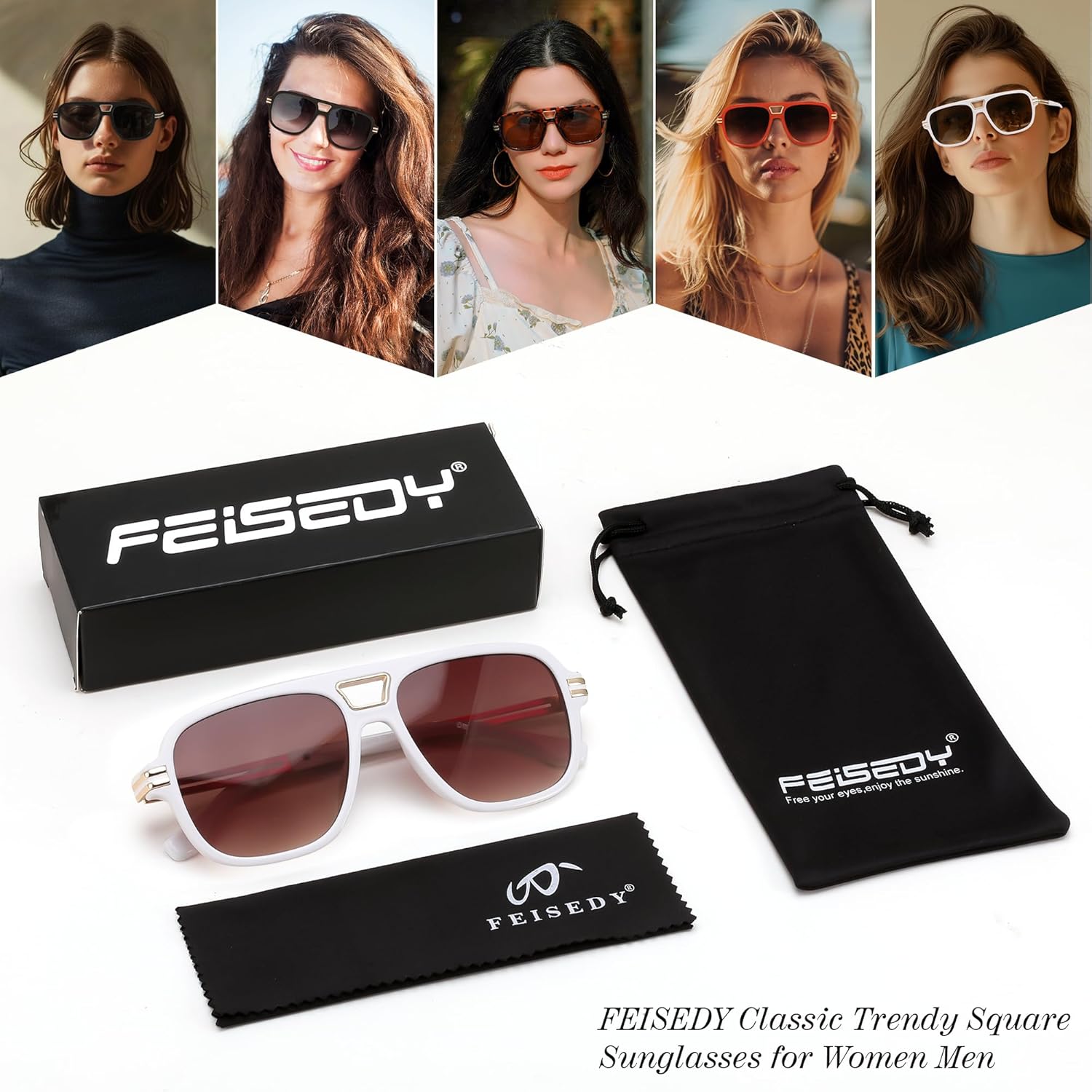 FEISEDY Retro Aviator Sunglasses for Women Men Vintage Trendy Oversized Square Shades UV400 B0106White Frame  Gradual Tea Lens