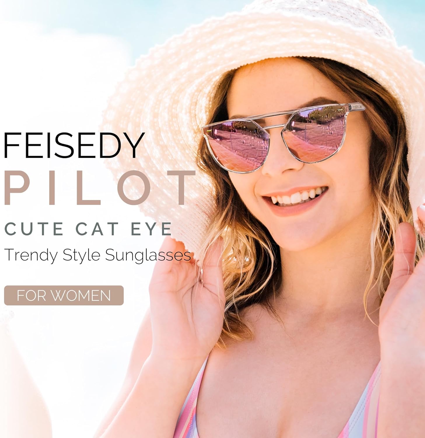 FEISEDY Vintage Cat Eye Sunglasses Polarized Round Aviator Trendy Oversized UV400 Sun Glasses B011907 Transparent  Pink Mirror