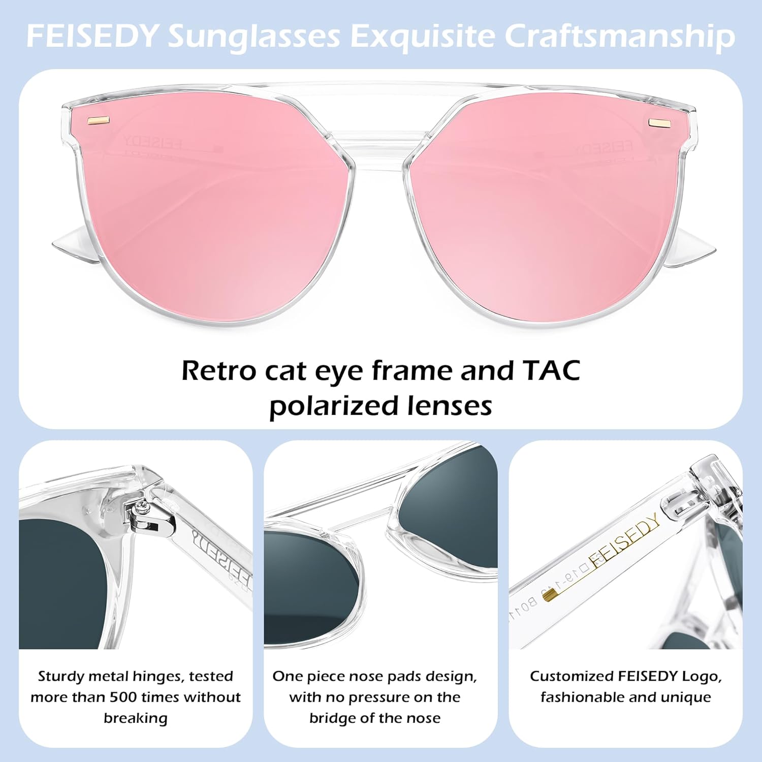 FEISEDY Vintage Cat Eye Sunglasses Polarized Round Aviator Trendy Oversized UV400 Sun Glasses B011907 Transparent  Pink Mirror