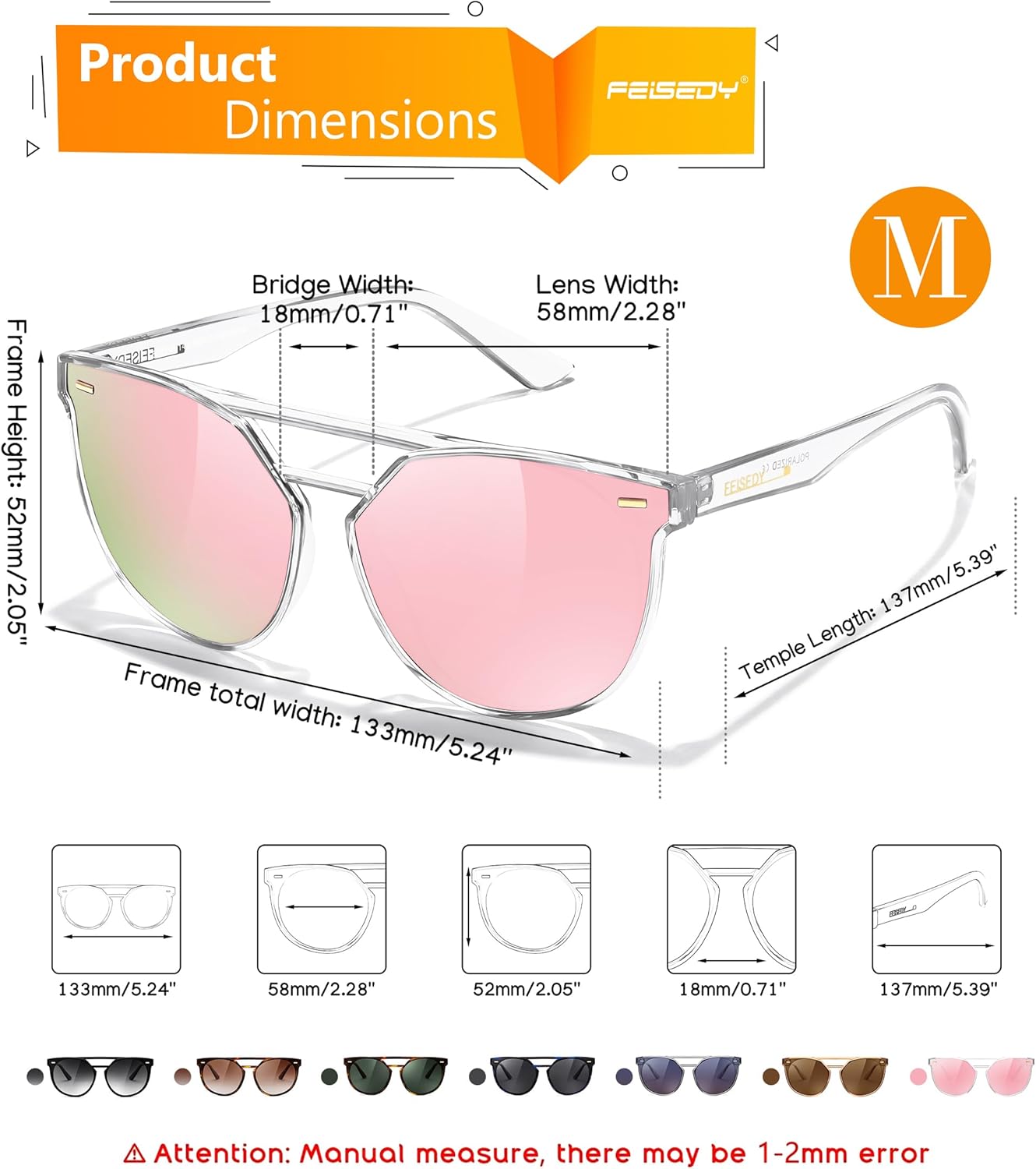 FEISEDY Vintage Cat Eye Sunglasses Polarized Round Aviator Trendy Oversized UV400 Sun Glasses B011907 Transparent  Pink Mirror