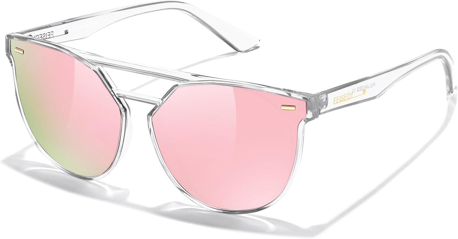 FEISEDY Vintage Cat Eye Sunglasses Polarized Round Aviator Trendy Oversized UV400 Sun Glasses B011907 Transparent  Pink Mirror