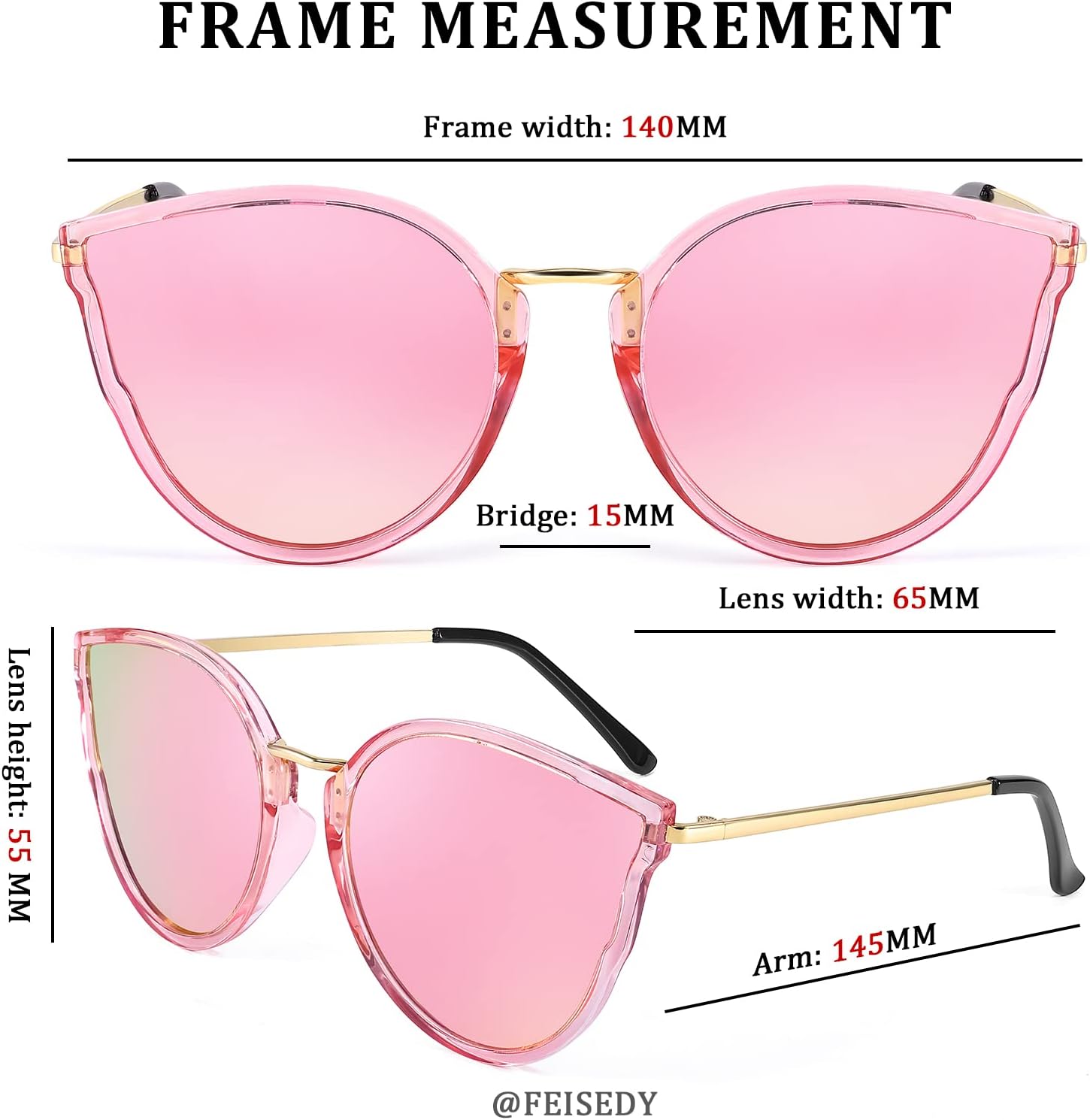 FEISEDY Vintage Polarized Cat Eye Sunglasses for Women Oversized Round Sunglasses Anti Glare B7000Pink Mirrored