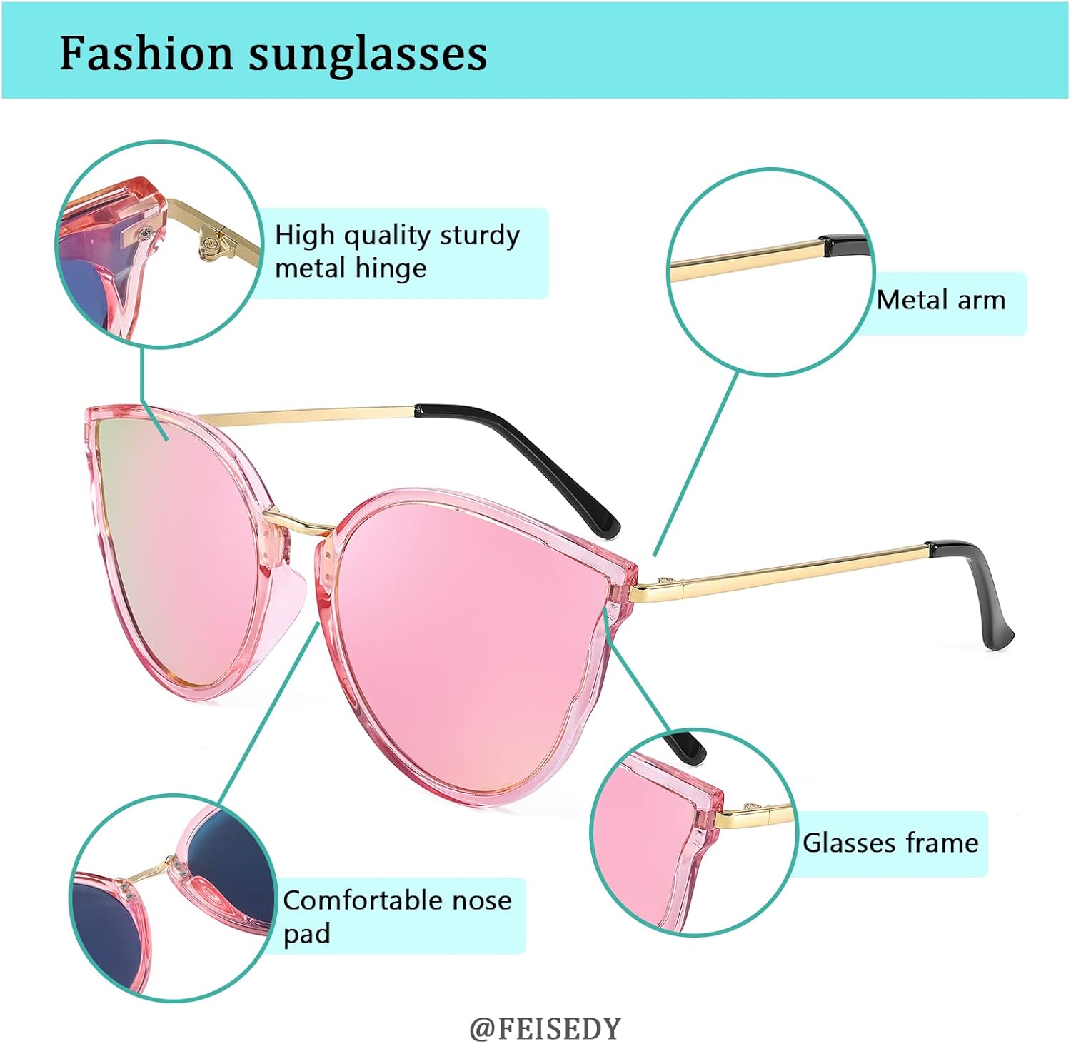 FEISEDY Vintage Polarized Cat Eye Sunglasses for Women Oversized Round Sunglasses Anti Glare B7000Pink Mirrored
