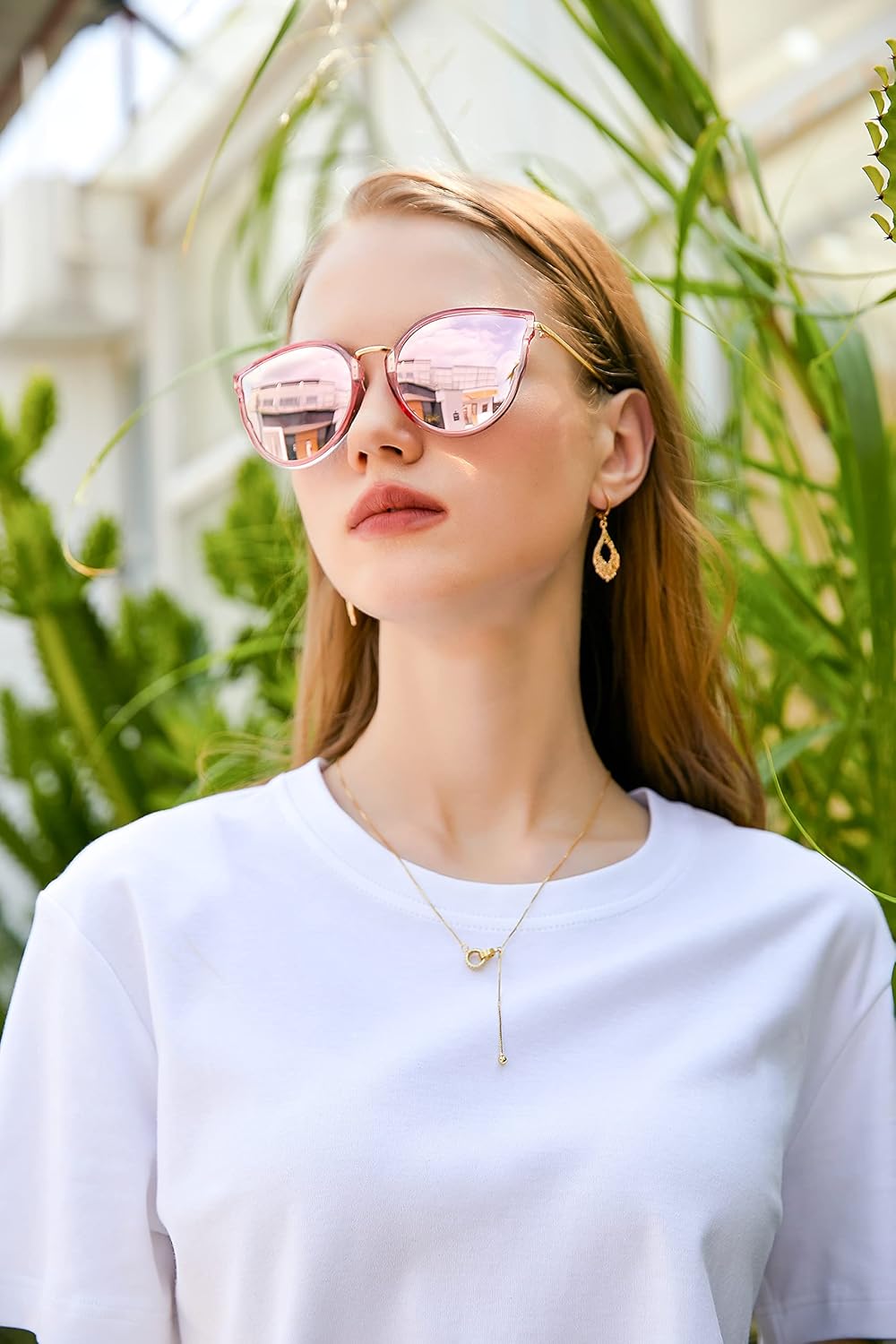 FEISEDY Vintage Polarized Cat Eye Sunglasses for Women Oversized Round Sunglasses Anti Glare B7000Pink Mirrored