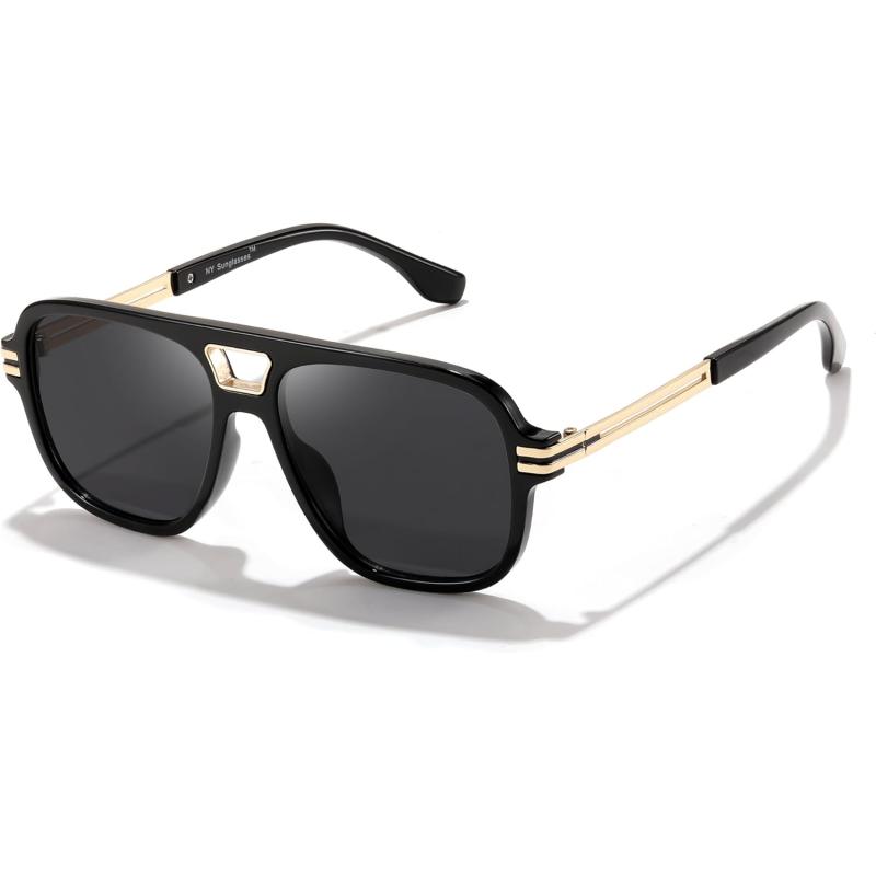 FEISEDY Retro Aviator Sunglasses for Women Men Vintage Trendy Oversized Square Shades UV400 B0106Black Frame  Grey Lens