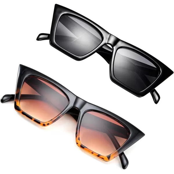 FEISEDY 2 PACK Vintage Square Cat Eye Sunglasses Women Trendy Cateye Sunglasses B2473F2Black  Blackleopard