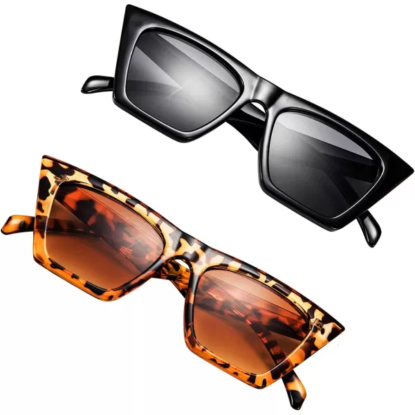 FEISEDY 2 PACK Vintage Square Cat Eye Sunglasses Women Trendy Cateye Sunglasses B2473F2Black  Leopard