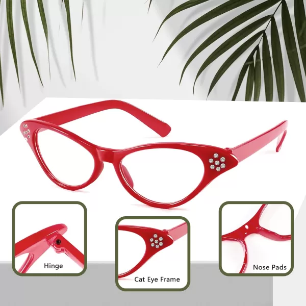 FEISEDY Cat Eye Costume Glasses with Rhinestones Women ampamp Kids 50s 60s Classic Party Cateye Sunglasses B2848002 Red Frame