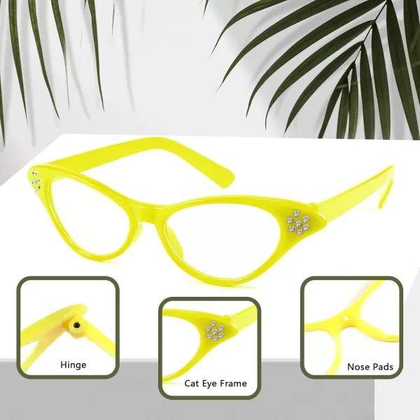 FEISEDY Cat Eye Costume Glasses with Rhinestones Women ampamp Kids 50s 60s Classic Party Cateye Sunglasses B2848004 Yellow Frame