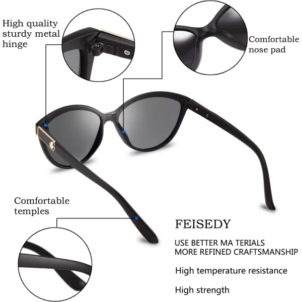 FEISEDY Classic Cateye Polarized Sunglasses for Women 100 UV Protection B2512Matt Black