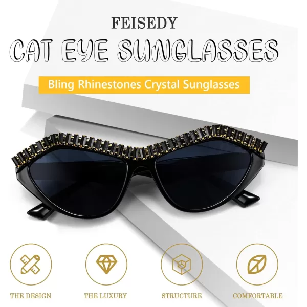 FEISEDY Fashion Cat Eye Diamond Sunglasses Women Retro Vintage Cateye Plastic Frame B2302001 Black FrameGray Lens