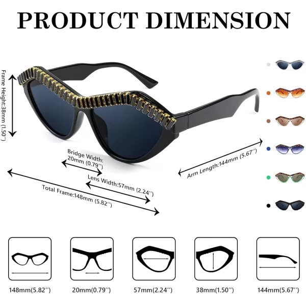 FEISEDY Fashion Cat Eye Diamond Sunglasses Women Retro Vintage Cateye Plastic Frame B2302001 Black FrameGray Lens
